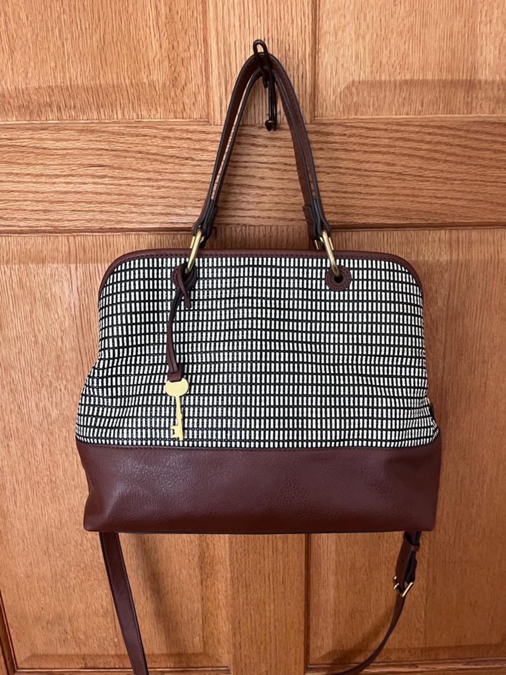 Fossil Lane Brown and Black/White Pattern Dome Satchel - Classic Handbag